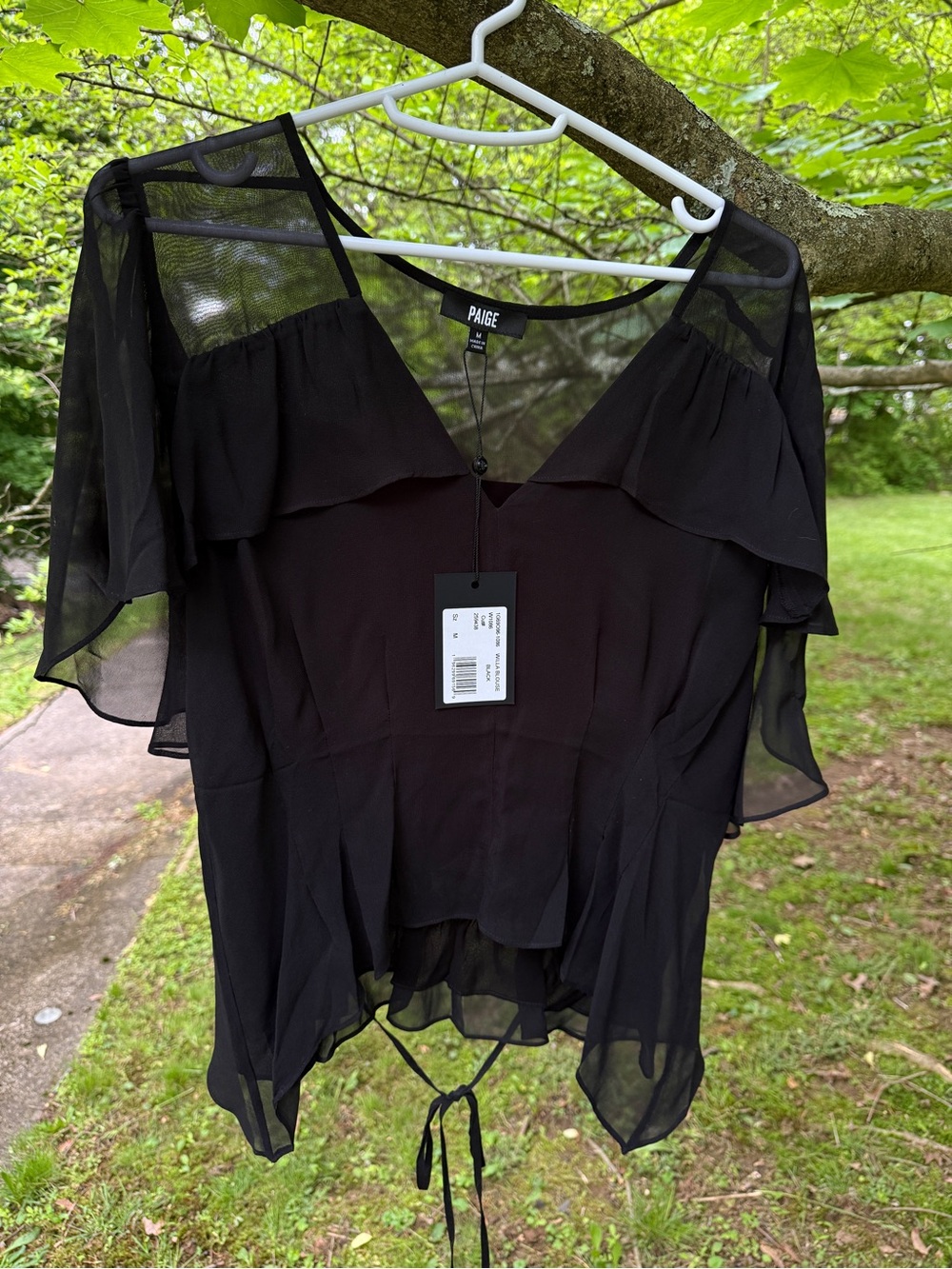 PAIGE Black Sheer Ruffle V-Neck Tie-Hem Blouse 100% silk